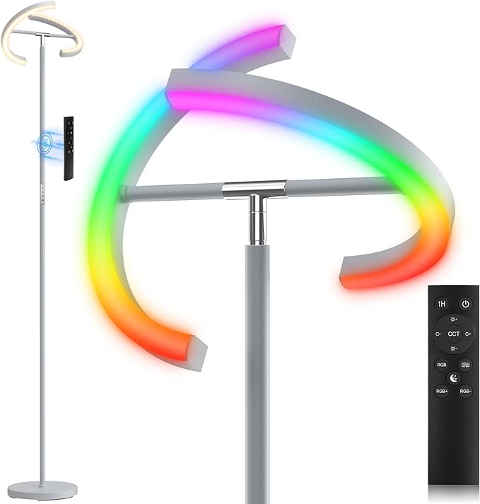Silver Gray RGBCW Floor Lamp, Bright Color Changing RGB Standing Lamp, Modern Stepless Dimmable LED Tall Lamp with Remote Control, 20W 3000-6000K Floor Lamps for Living Room, Bedroom, Office - LeafyLoom