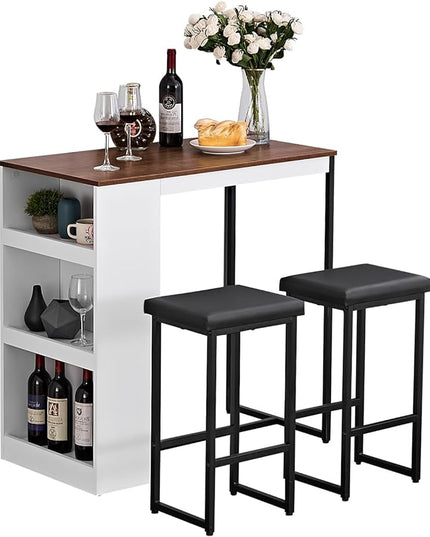 Panana 3 Piece Dining Table Set Kitchen Bar Table with Two Stool Storage Shelves Wood Counter Height Table Top with Sew Kerf Finish Dining Room Home - LeafyLoom