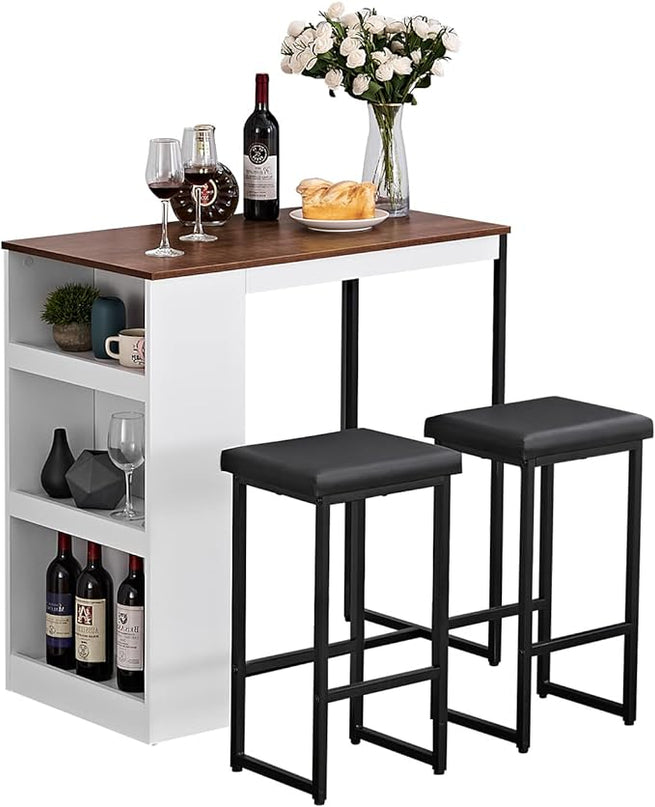 Panana 3 Piece Dining Table Set Kitchen Bar Table with Two Stool Storage Shelves Wood Counter Height Table Top with Sew Kerf Finish Dining Room Home - LeafyLoom