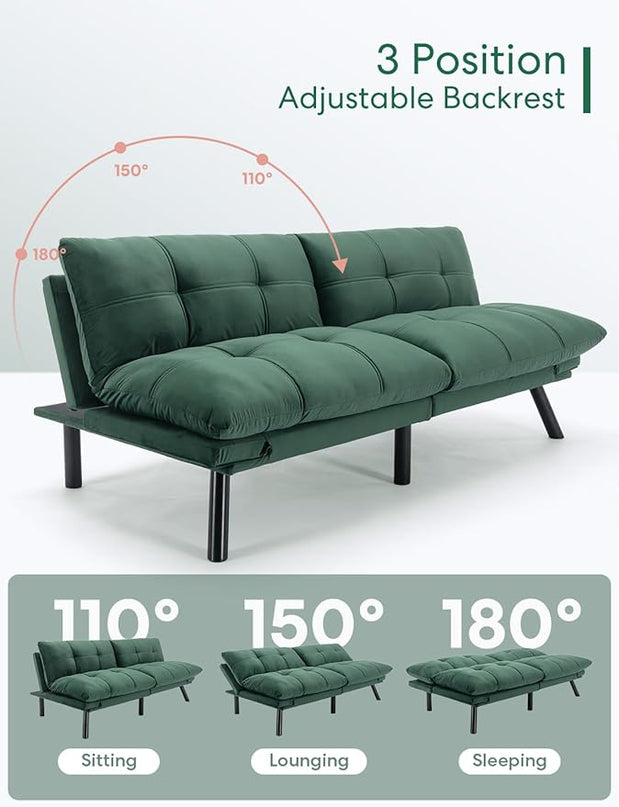 Velvet Convertible Futon Sofa Bed, 71" Comfy Loveseat Sleeper Sofa with Adjustable Backrest Armrest, Strengthen Wood, 7" Thick Padded Cushion, Small 2 Seater Couch for Living Room, Bedroom - LeafyLoom
