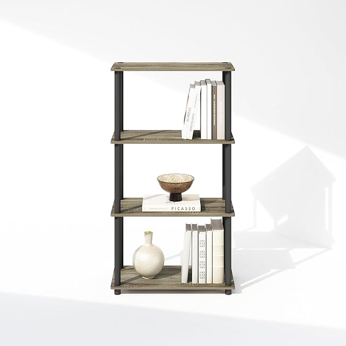 Furinno Turn-N-Tube 4-Tier Multipurpose Shelf Display Rack, Shelving Unit, Bookcase, French Oak/Black - LeafyLoom