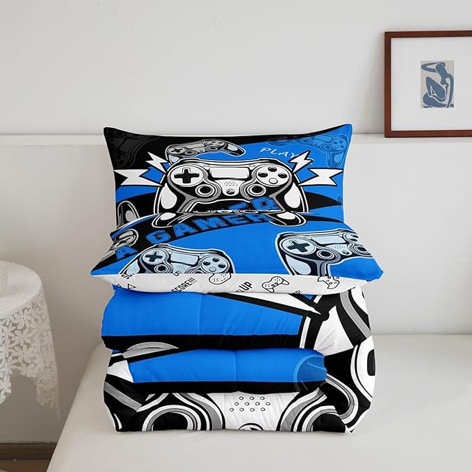 Erosebridal Twin Comforter Set for Boys Girls Kids,Gamer Comforter Sets for Boys Teens Video Game Bedding Set,Gaming Console Comforter Bedroom Decor Blue Black 2Pcs - LeafyLoom