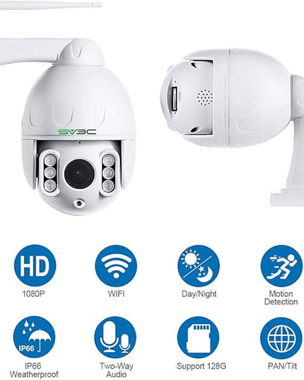 SV3C 1080P Outdoor PTZ WiFi Camera, ONVIF Security IP Camera with Auto Tracking, 197ft HD Night Vision, 5X Optical Zoom, Two-Way Audio, Waterproof, Compatible with Blue Iris, SD Card Slot, CamHiPro SV3C
