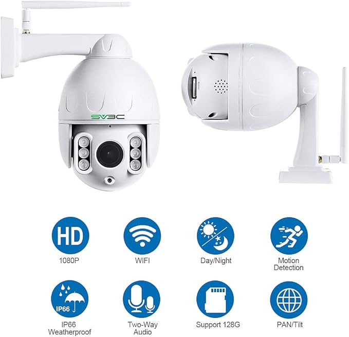 SV3C 1080P Outdoor PTZ WiFi Camera, ONVIF Security IP Camera with Auto Tracking, 197ft HD Night Vision, 5X Optical Zoom, Two-Way Audio, Waterproof, Compatible with Blue Iris, SD Card Slot, CamHiPro SV3C