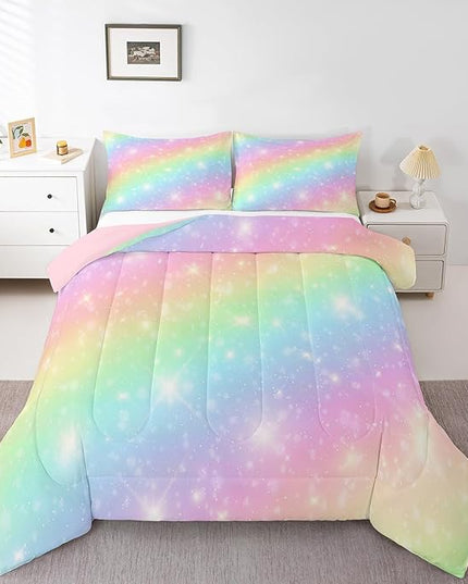 Erosebridal Rainbow Bedding Set for Kids Girls Teens Women Tie Dye Pastel Comforter Set Twin Size Golden Stars Glitter Bedding Comforter Set Watercolor Art Girly Quilt Set Sweet Bedroom Decor 2 Piece - LeafyLoom