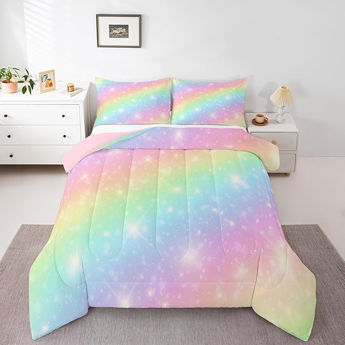 Erosebridal Rainbow Bedding Set for Kids Girls Teens Women Tie Dye Pastel Comforter Set Twin Size Golden Stars Glitter Bedding Comforter Set Watercolor Art Girly Quilt Set Sweet Bedroom Decor 2 Piece - LeafyLoom