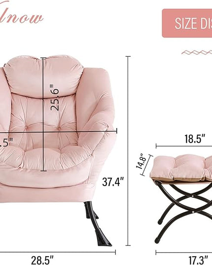 Welnow Lazy Chair with Ottoman, Modern Lounge Accent Chair with Armrests and a Side Pocket, Leisure Upholstered Sofa Chair Set, Reading Chair with Footrest for Small Space, Corner Chair, Pink - LeafyLoom