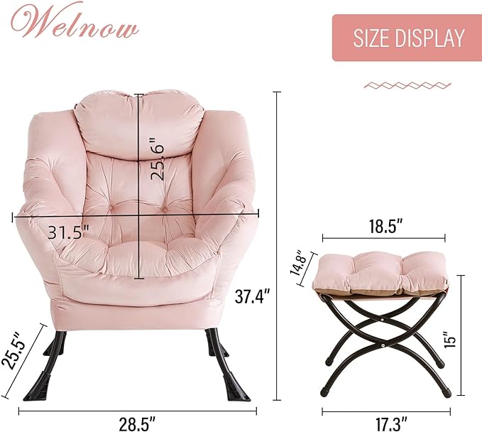 Welnow Lazy Chair with Ottoman, Modern Lounge Accent Chair with Armrests and a Side Pocket, Leisure Upholstered Sofa Chair Set, Reading Chair with Footrest for Small Space, Corner Chair, Pink - LeafyLoom