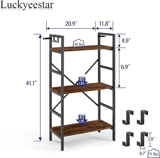 3 Tier Bookshelf, Bookcase Shelf Storage Organizer, Modern Book Shelf for Bedroom, Living Room and Home Office, Wood & Metal (Rustic Brown) - LeafyLoom