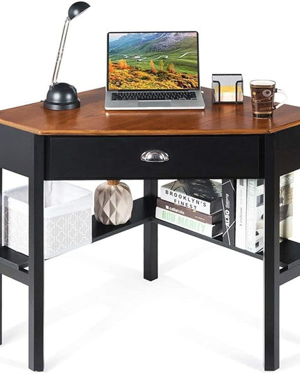 Nightcore Small, Wood Computer Desk, Compact Writing w/Drawer & Storage Shelves, Space Saving Study Workstation, Laptop PC Corner Table, Coffee - LeafyLoom
