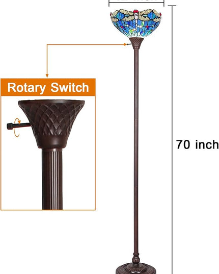 Capulina Tiffany Torchiere Floor Lamp 70 Inches Tall Industrial Pole Vintage Blue Dragonfly Style Standing Floor Light for Home Office Living Room Bedroom Farmhouse - LeafyLoom