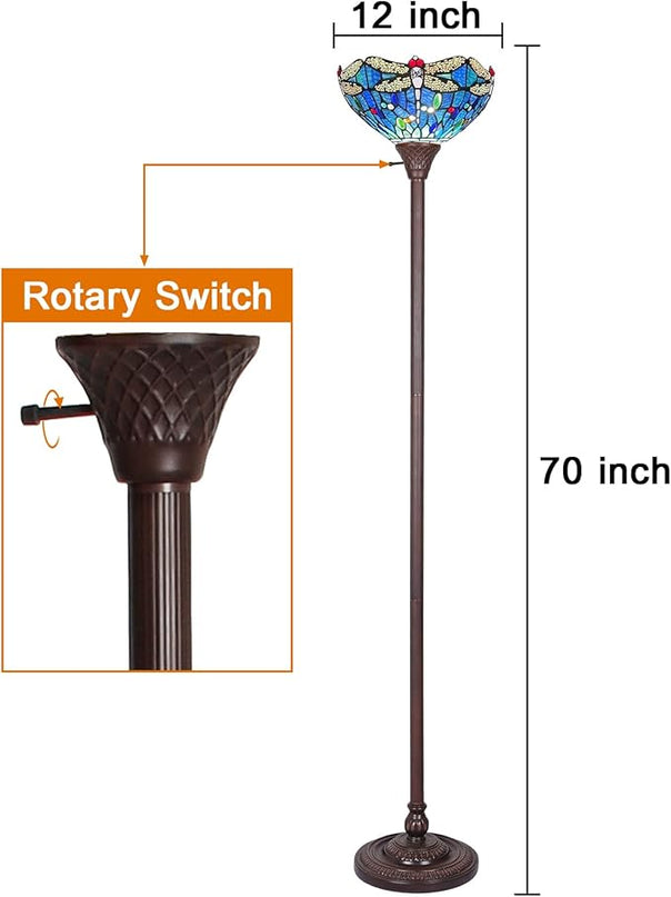 Capulina Tiffany Torchiere Floor Lamp 70 Inches Tall Industrial Pole Vintage Blue Dragonfly Style Standing Floor Light for Home Office Living Room Bedroom Farmhouse - LeafyLoom