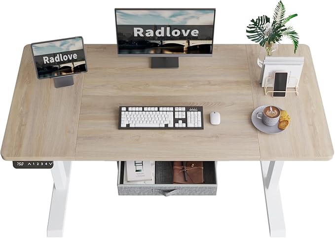 Radlove Dual Motors Height Adjustable 55 x 30'' Electric Standing Desk with Drawer Stand Up Table 4 Memory Keys, Computer Desk with Splice Board Home Office Desk, Oak Top + White Frame - LeafyLoom