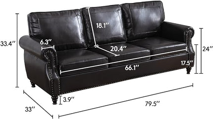 Dreamsir 79'' Traditional Faux Leather Sofa Couch with Nailhead Trim, Classic 3-Seater Couch with Rolled Arms for Living Room, Bedroom, Apartment, Easy Assembly (Charcoal) - LeafyLoom