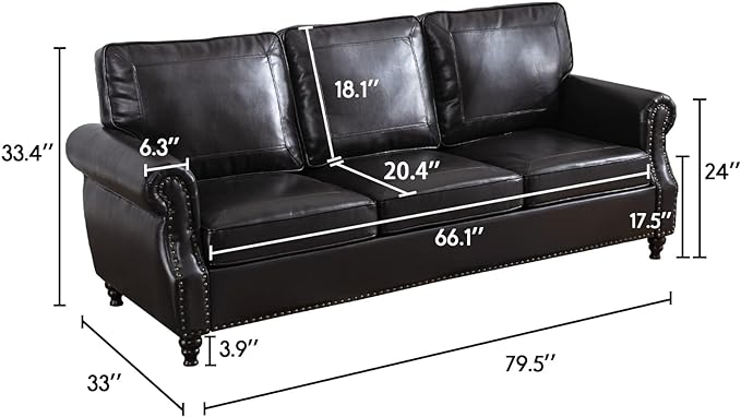 Dreamsir 79'' Traditional Faux Leather Sofa Couch with Nailhead Trim, Classic 3-Seater Couch with Rolled Arms for Living Room, Bedroom, Apartment, Easy Assembly (Charcoal) - LeafyLoom