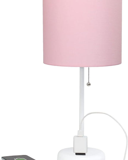 Simple Designs LT1144-POW Sleek and Slender White Table Lamp with Charging Outlet for Bedroom, Living Room, Entryway, Office, Dining Room, Study, Light Pink Shade - LeafyLoom