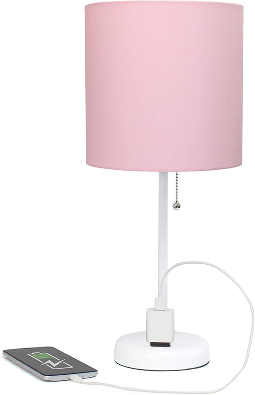 Simple Designs LT1144-POW Sleek and Slender White Table Lamp with Charging Outlet for Bedroom, Living Room, Entryway, Office, Dining Room, Study, Light Pink Shade - LeafyLoom