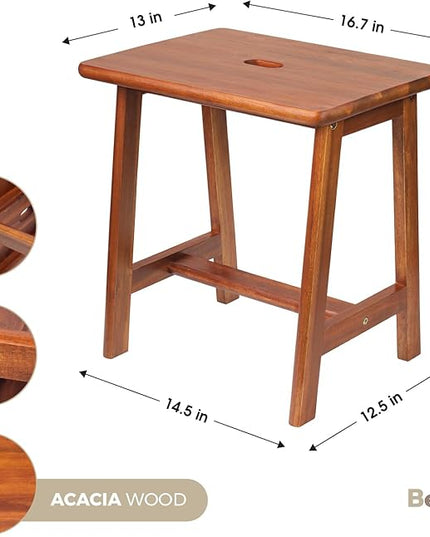 Rectangular Acacia Wood Stool (16.7"D x 13"W x 17.7"H) Small Bench Seat, Small End Table Stool, Bathroom Stool Wood, Plant Stool, Makeup Stool, Perfect Size for Living Room,Bathroom(Light Brown Color) - LeafyLoom