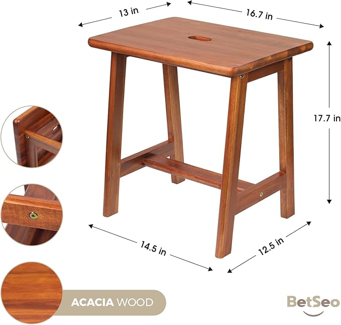 Rectangular Acacia Wood Stool (16.7"D x 13"W x 17.7"H) Small Bench Seat, Small End Table Stool, Bathroom Stool Wood, Plant Stool, Makeup Stool, Perfect Size for Living Room,Bathroom(Light Brown Color) - LeafyLoom