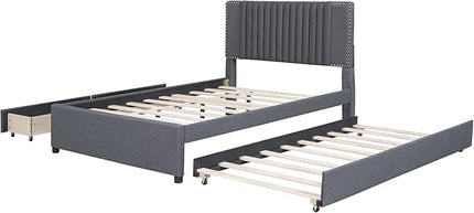 Full Size Linen Upholstered Platform Bed with 2 Drawers and Twin Size Trundle,Solid Wood Bed Frame w/Classic Headboard Design,for Bedroom,Apartment,Living Room,Gray - LeafyLoom