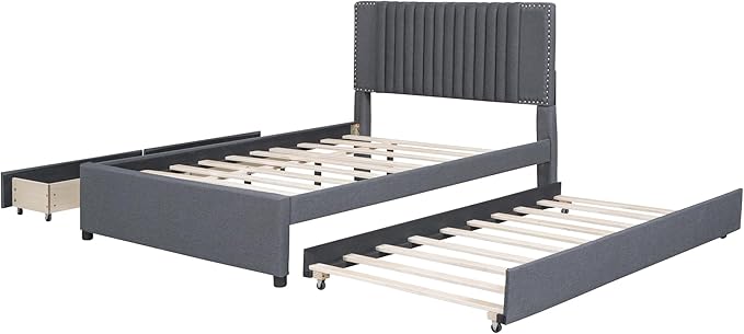Full Size Linen Upholstered Platform Bed with 2 Drawers and Twin Size Trundle,Solid Wood Bed Frame w/Classic Headboard Design,for Bedroom,Apartment,Living Room,Gray - LeafyLoom