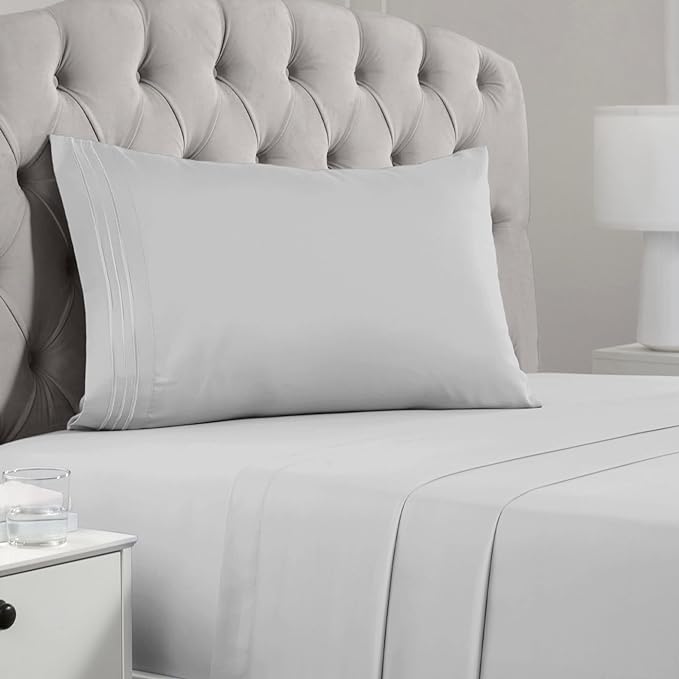 Mellanni Twin XL Sheets Set - 3 PC Iconic Collection Bedding Sheets & Pillowcases - Hotel Luxury, Extra Soft, Cooling Bed Sheets - Deep Pocket up to 16 inch (Twin Extra Long, Light Gray) - LeafyLoom