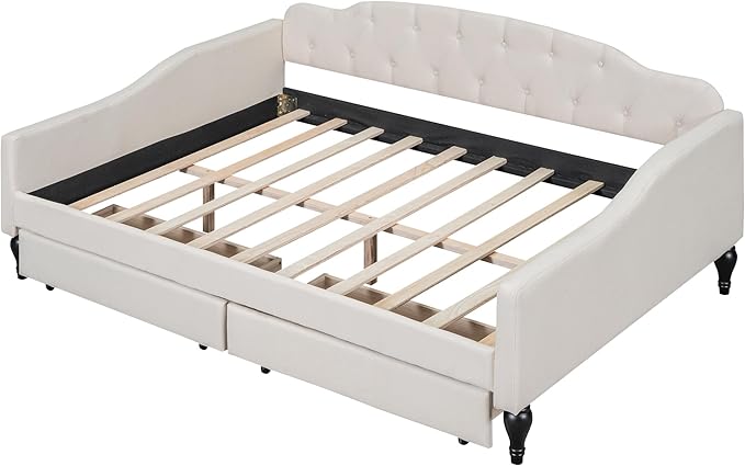Full Size Upholstered Daybed with 2 Storage Drawers,Linen Sofa Bed W/Button Tufted Back & Nailhead Decorated Waved Shape Arms,Slat Support,Bedframe for Bedroom Livingroom Small Space,Beige - LeafyLoom