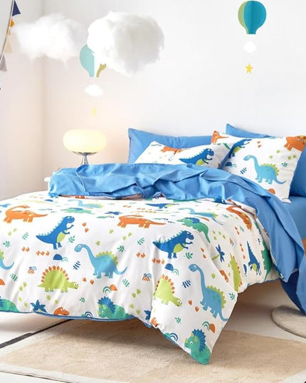 Wake In Cloud - Dinosaur Bedding Set for Boys, Cute Colorful Dinosaur Comforter Set with Sheets, 5 Pieces Kids Bed in a Bag, White Blue, Twin Size - LeafyLoom