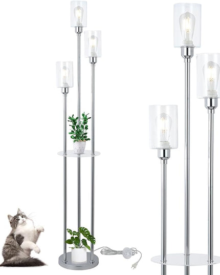 HMVPL Crystal Floor Lamps for Living Room, Modern Floor Lamp with Shelves, 3-Lights Standing Lamp with Crystal Shade, On/Off Foot Switch, Silver Corner Floor Lamp for Bedroom Living Room Office(66") - LeafyLoom