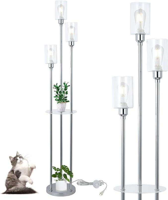 HMVPL Crystal Floor Lamps for Living Room, Modern Floor Lamp with Shelves, 3-Lights Standing Lamp with Crystal Shade, On/Off Foot Switch, Silver Corner Floor Lamp for Bedroom Living Room Office(66") - LeafyLoom
