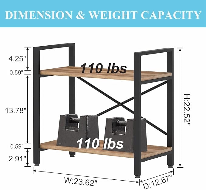 BON AUGURE Small Bookshelf for Small Space, Industrial 2 Tier Wood Metal Bookcase, Rustic Short Book Shelf for Living Room, Bedroom and Office (Vintage Oak) - LeafyLoom