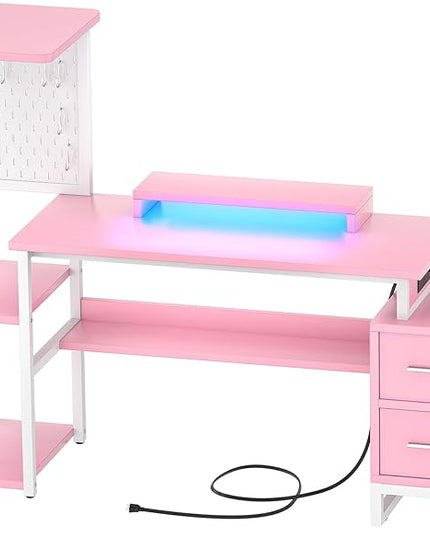 Computer Desk with 2 Fabric Drawers - Reversible Home Office Desk with Power Outlet & LED Lights, 53" Writing Desk with Monitor Stand & Storage Shelves, Gaming Desk Study Table with Pegboard, Pink - LeafyLoom