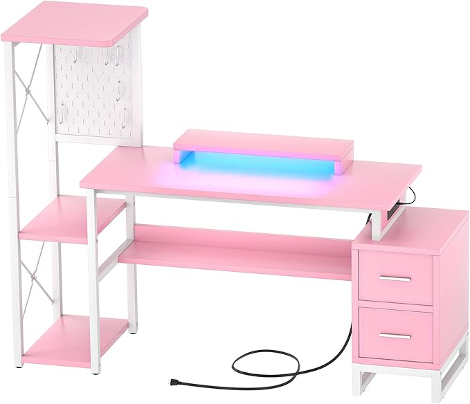 Computer Desk with 2 Fabric Drawers - Reversible Home Office Desk with Power Outlet & LED Lights, 53" Writing Desk with Monitor Stand & Storage Shelves, Gaming Desk Study Table with Pegboard, Pink - LeafyLoom