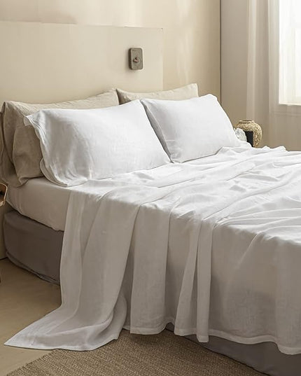 Simple&Opulence 100% Linen Sheet Set Solid Color-3 Pcs Washed French Linen Bed Sheets-Breathable Bedding Set-1 Flat Sheet,1 Fitted Sheet,1 Pillowcase(Twin, Basic White) - LeafyLoom