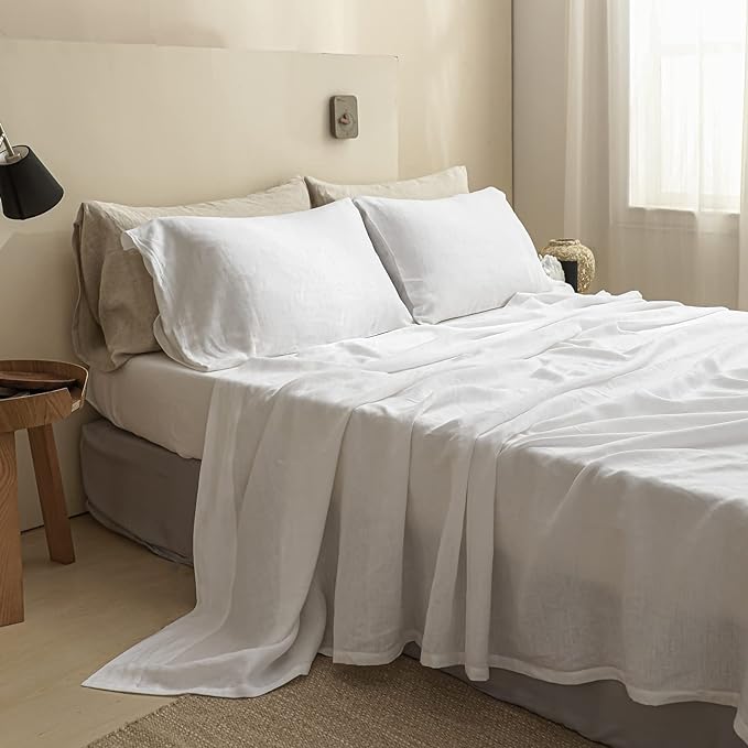 Simple&Opulence 100% Linen Sheet Set Solid Color-3 Pcs Washed French Linen Bed Sheets-Breathable Bedding Set-1 Flat Sheet,1 Fitted Sheet,1 Pillowcase(Twin, Basic White) - LeafyLoom