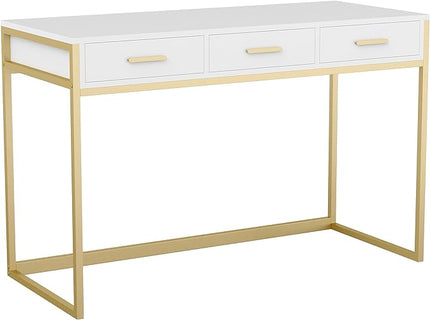 Martha Stewart Ollie Home Office Desk with 3 Drawers in White with Polished Brass Hardware - LeafyLoom