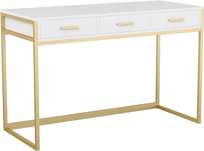 Martha Stewart Ollie Home Office Desk with 3 Drawers in White with Polished Brass Hardware - LeafyLoom