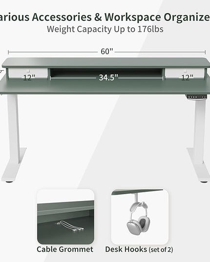 FEZIBO 60 x 24 Inch Height Adjustable Electric Standing Desk with Double Drawer, Stand Up Desk with Storage Shelf, Sit Stand Desk, Green - LeafyLoom