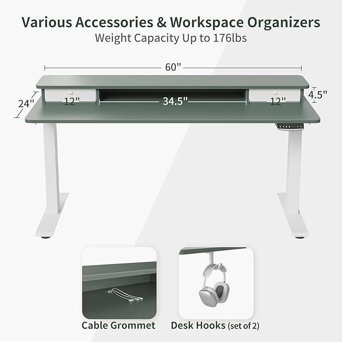 FEZIBO 60 x 24 Inch Height Adjustable Electric Standing Desk with Double Drawer, Stand Up Desk with Storage Shelf, Sit Stand Desk, Green - LeafyLoom