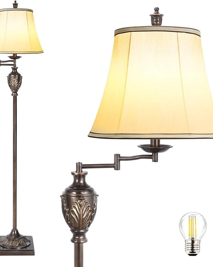 Traditional LED Floor Lamp with 350° Adjustable Swing Arm Lamp – Vintage Standing Pole lamp for Living Room, Bedroom and Office – Rustic Upright Floor Light for Home Décor with Silk Fabric Shade - LeafyLoom