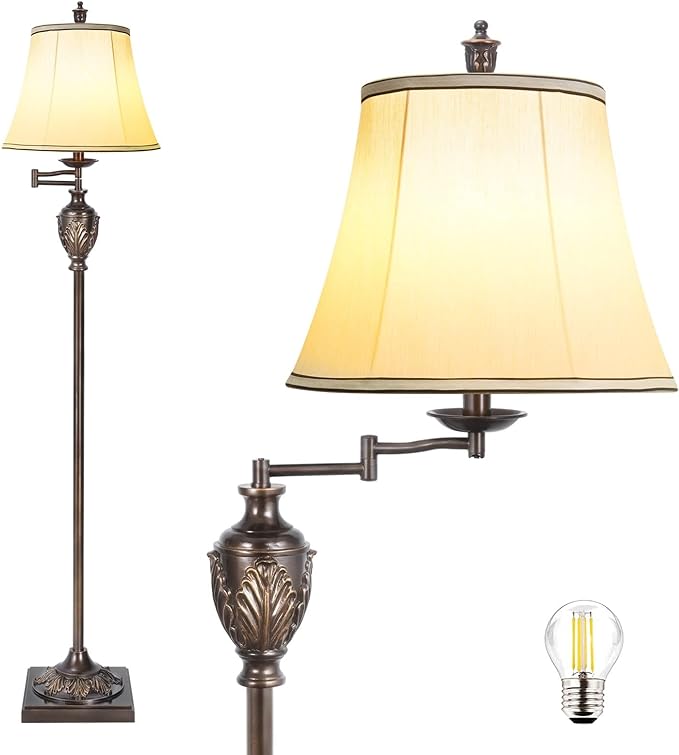 Traditional LED Floor Lamp with 350° Adjustable Swing Arm Lamp – Vintage Standing Pole lamp for Living Room, Bedroom and Office – Rustic Upright Floor Light for Home Décor with Silk Fabric Shade - LeafyLoom