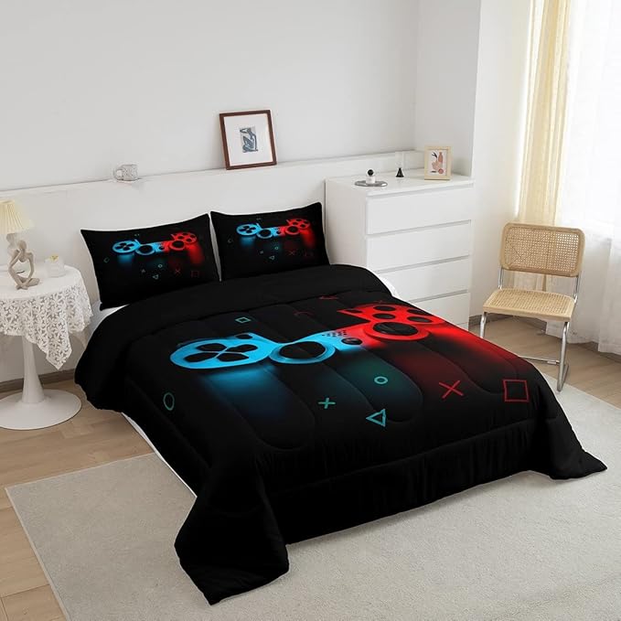 Erosebridal Boys Gamepad Comforter Set King,Play Gamer Bedding Set Kid Young Man Video Games Down for Teen Child Game Room Decor Black Classic Retro Gaming Quilt Duvet Set with Controller Button - LeafyLoom