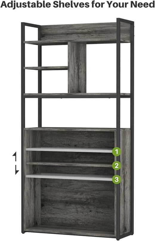 armocity Industrial Bookshelf, 6 Tier Tall Bookshelves Wood Metal Frame Standing Bookcase, Display Book Shelf with Adjustable Storage Shelves for Home Office, Living Room, Bed Room, Grey Oak - LeafyLoom