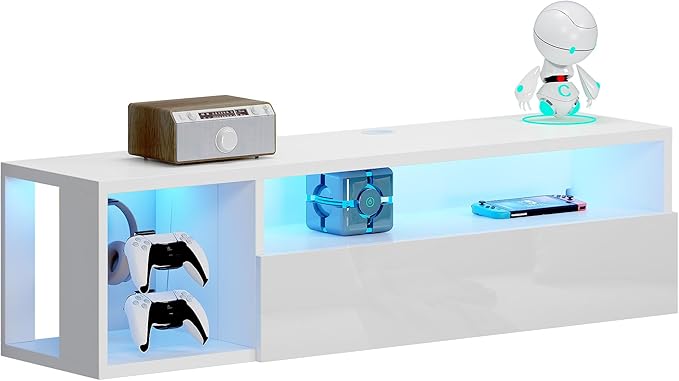 DlandHome Floating TV Stand with LED Light, 39.3’’ Wall-Mounted Media Console, Floating Shelf for Under TV Wall Mount with Storage Shelf for Bedroom Living Room, White - LeafyLoom