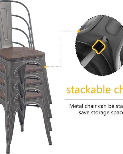 YOUNIKE Metal Dining Chairs Set of 4 Iron Stackable Removable Back Wood Seat Patio Chairs Rubber Feet Stylish Modern Indoor Outdoor Classic Chic Industrial Vintage Bistro Kitchen Rusty Grey - LeafyLoom