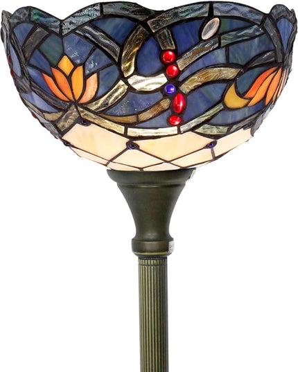 WERFACTORY Tiffany Floor Lamp Blue Lotus Flower Stained Glass Light 12X12X66 Inches Pole Torchiere Standing Corner Torch Uplight Decor Bedroom Living Room Home Office S220 Series - LeafyLoom