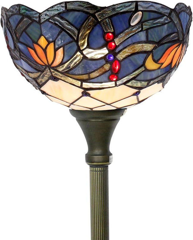 WERFACTORY Tiffany Floor Lamp Blue Lotus Flower Stained Glass Light 12X12X66 Inches Pole Torchiere Standing Corner Torch Uplight Decor Bedroom Living Room Home Office S220 Series - LeafyLoom