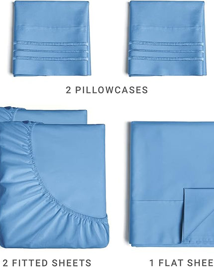 Split King Size 5 Piece Sheet Set - Comfy Breathable & Cooling Sheets - Hotel Luxury Bed Sheets for Women & Men - Deep Pockets, Easy-Fit, Soft & Wrinkle Free Sheets - Denim Blue Oeko-Tex Bed Sheet Set - LeafyLoom
