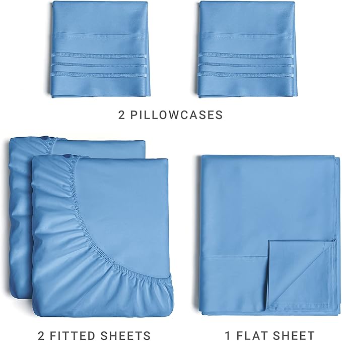 Split King Size 5 Piece Sheet Set - Comfy Breathable & Cooling Sheets - Hotel Luxury Bed Sheets for Women & Men - Deep Pockets, Easy-Fit, Soft & Wrinkle Free Sheets - Denim Blue Oeko-Tex Bed Sheet Set - LeafyLoom