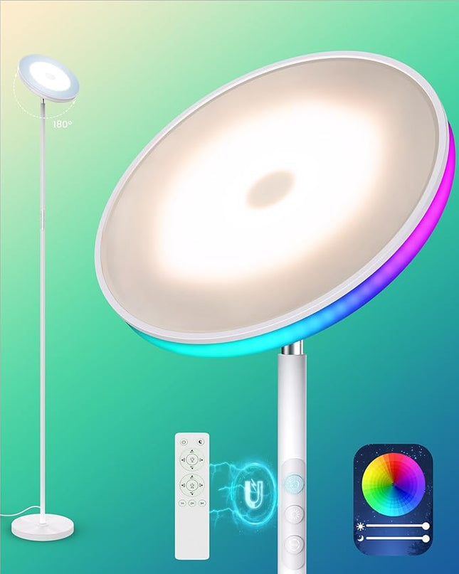 42W Floor Lamp, 3700LM Super Bright Standing Lamp with Side Light & Timer, Tall Lamp with Remote & Touch Control, 2700K-6500K Dimmable Torchiere Floor Lamp for Living Room, Office - LeafyLoom